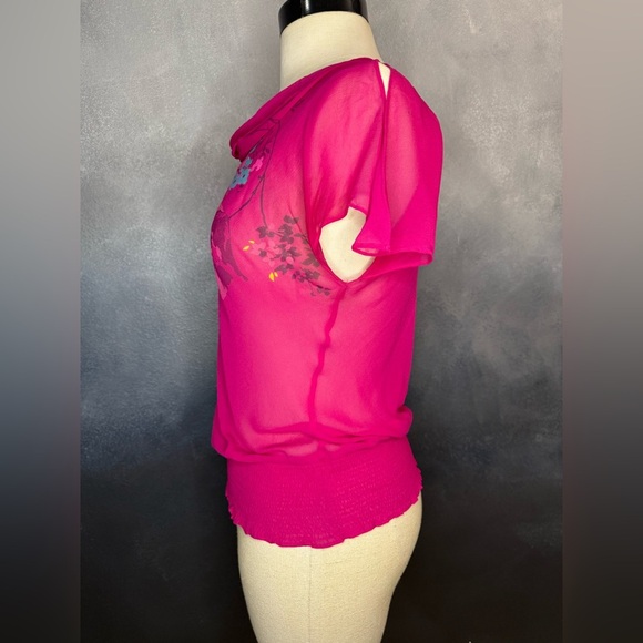 💖Y2K Express 100% Silk Fuchsia Floral Sheer Top - Size 3/4💖 - Picture 7 of 9